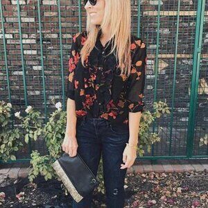 Cabi Catherine Tuxedo Ruffle Semi Sheer Blouse Red Black Floral Sz L